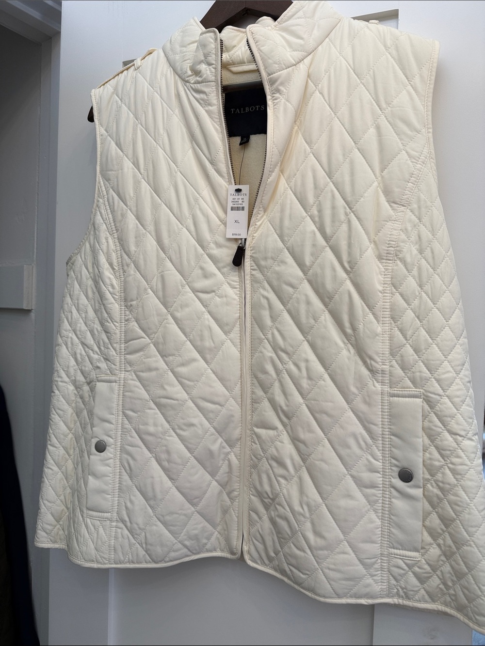 Talbots Cream Quilted Zip-Front Vest